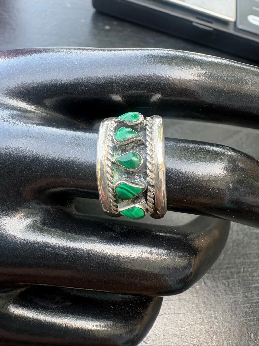 Vintage Navajo Sterling Silver Green Malachite 5 Stone Inlay Ring - Size 8.5